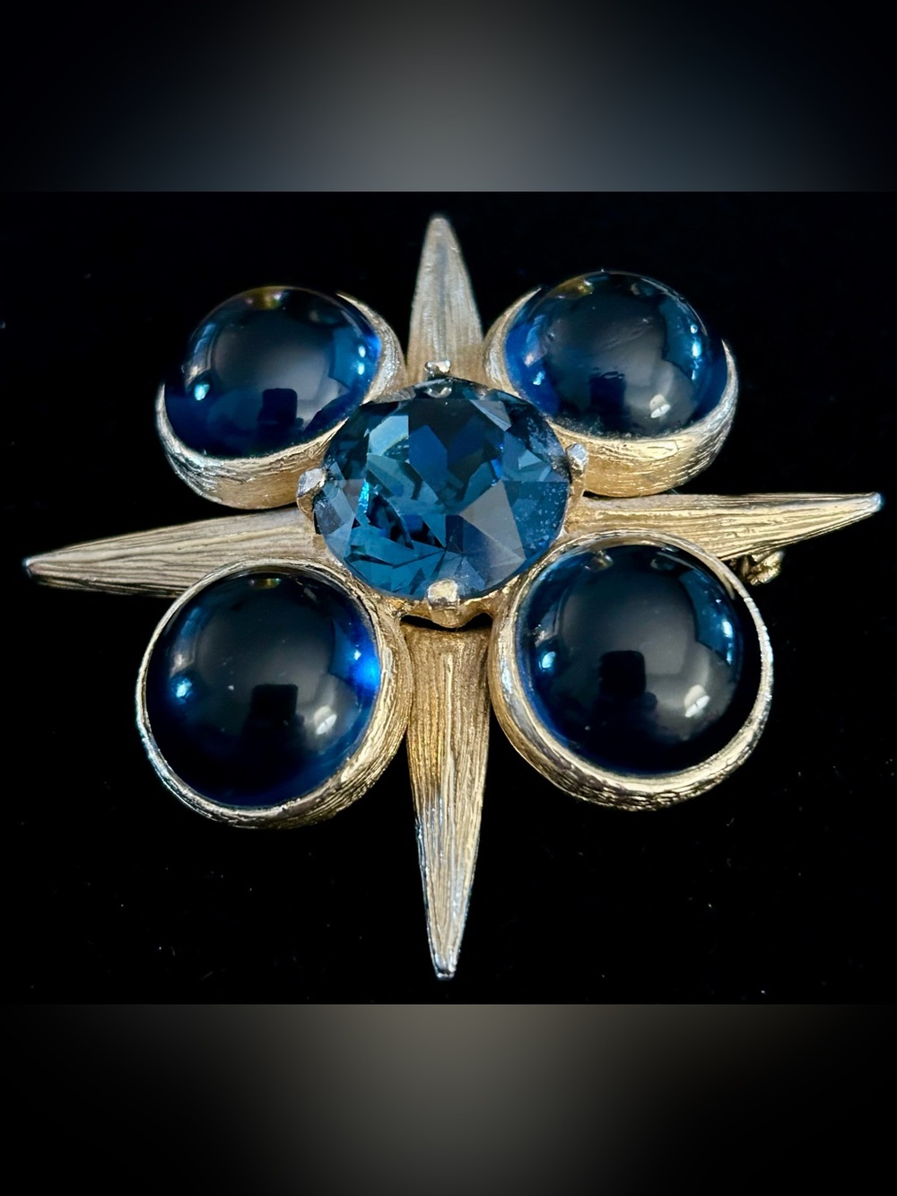 Vintage Signed Benedikt NY Navy Blue Rhinestone Brooch- Gold tone w/Cabochons
